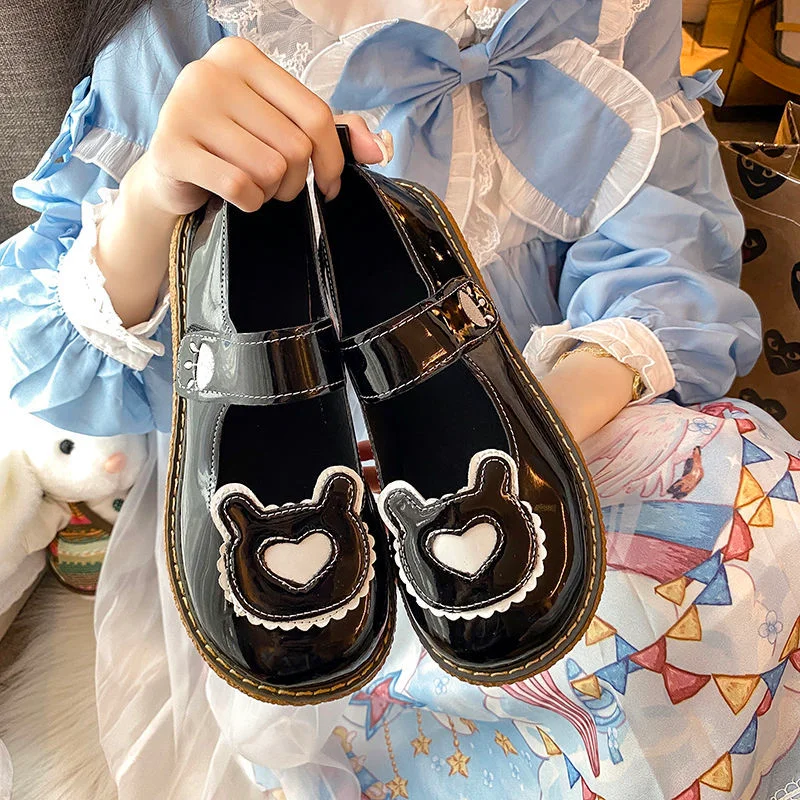 Lourdasprec 2022 Kawaii Lolita Shoes Lovely Bear Patchwork Zapatillas Mujer Girls Mary Janes PU Japanese Style Student Footwear Sweet Shoes Woman