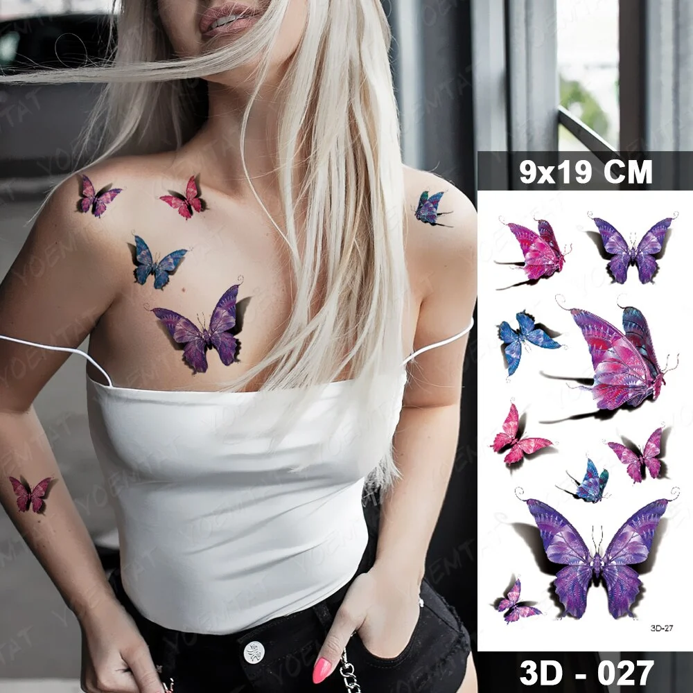 Waterproof Temporary Tattoo Sticker Butterfly Fake Tatto Flash Rose Feather Tatoo Body Art 3D Colorful for Girl Women