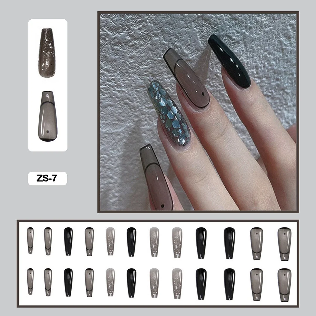 24PCS False Nails with Glue Rhinestones Long Trapezoid Detachable Pearl Stick on Nails Press on Nails Art With Wearing Tools-Nail Inspo