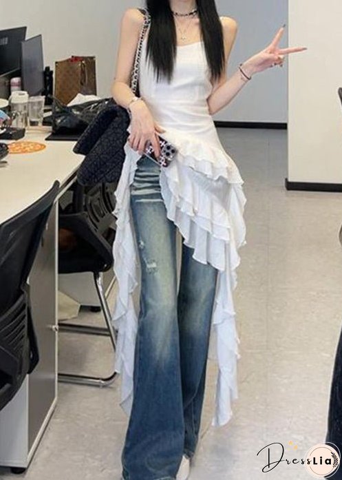 French White Ruffled Solid Cotton Spaghetti Strap Dresses Sleeveless