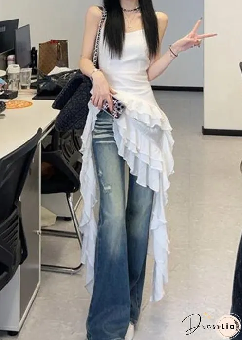 French White Ruffled Solid Cotton Spaghetti Strap Dresses Sleeveless