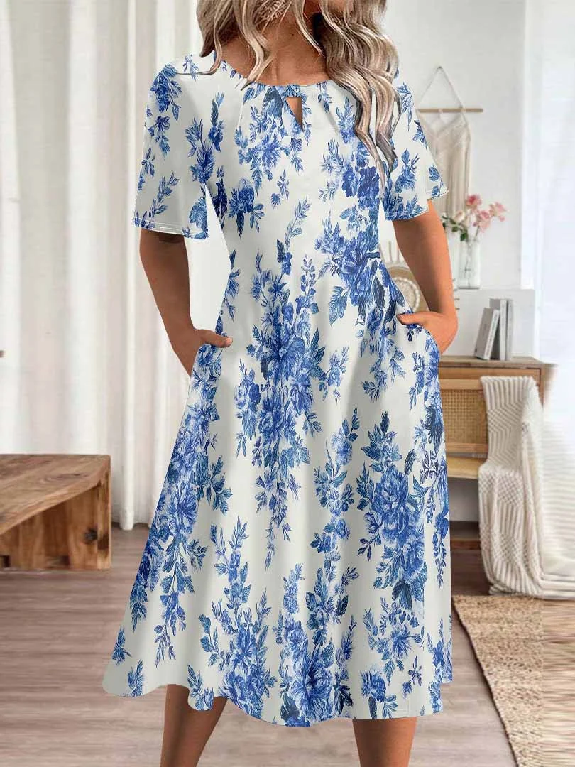Women Floral,Blue DZHA8121 Short Sleeve Scoop Neck Graphic Printed Hollow Midi Dress