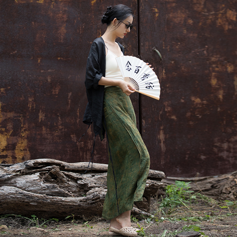 Ramie Printed Vintage Wrap Skirt for Women