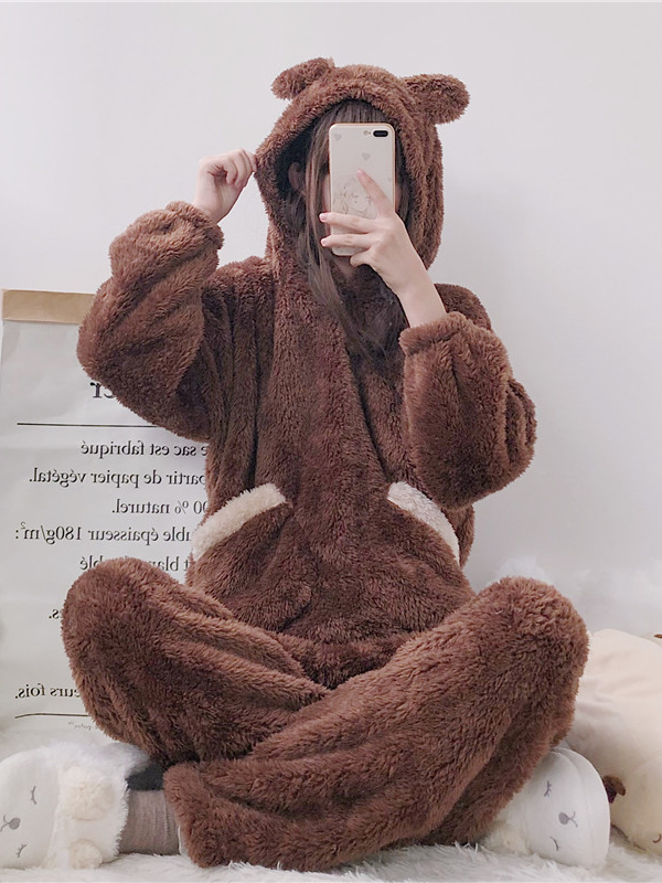 Women Bear Plush Hooded Pajama Set - Modakawa Modakawa