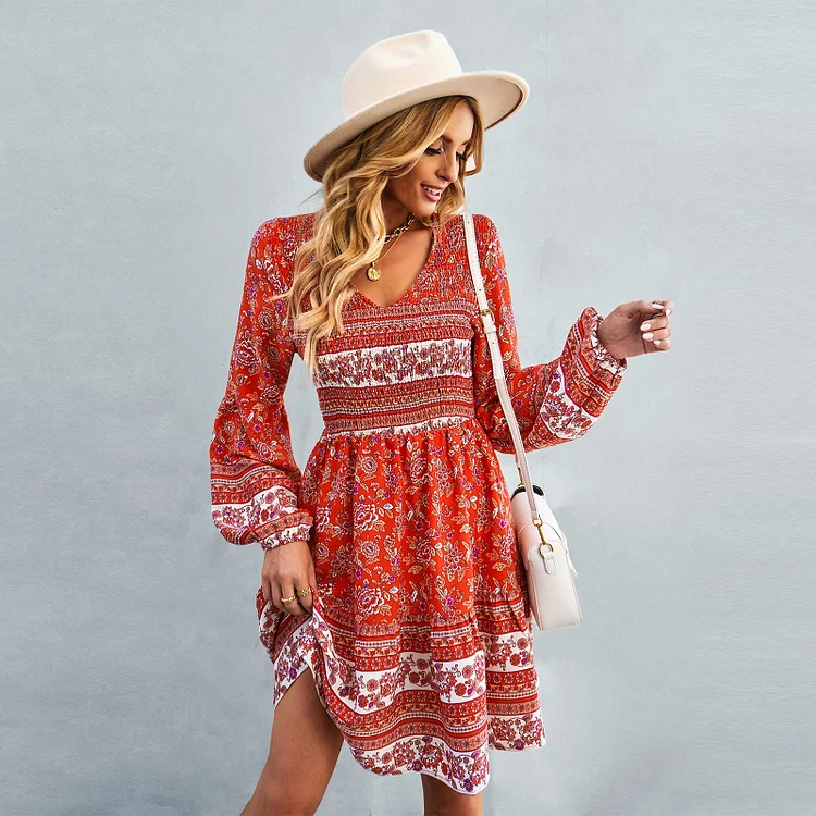 BOHEMIAN V-NECK BALLOON SLEEVE DRESS