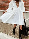 Plain Deep V-Neck Puff Sleeves Loose Casual Mini Dress