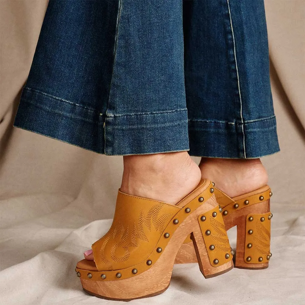 Yellow Faux Leather Peep Toe Embroidered Studded Platform Mules