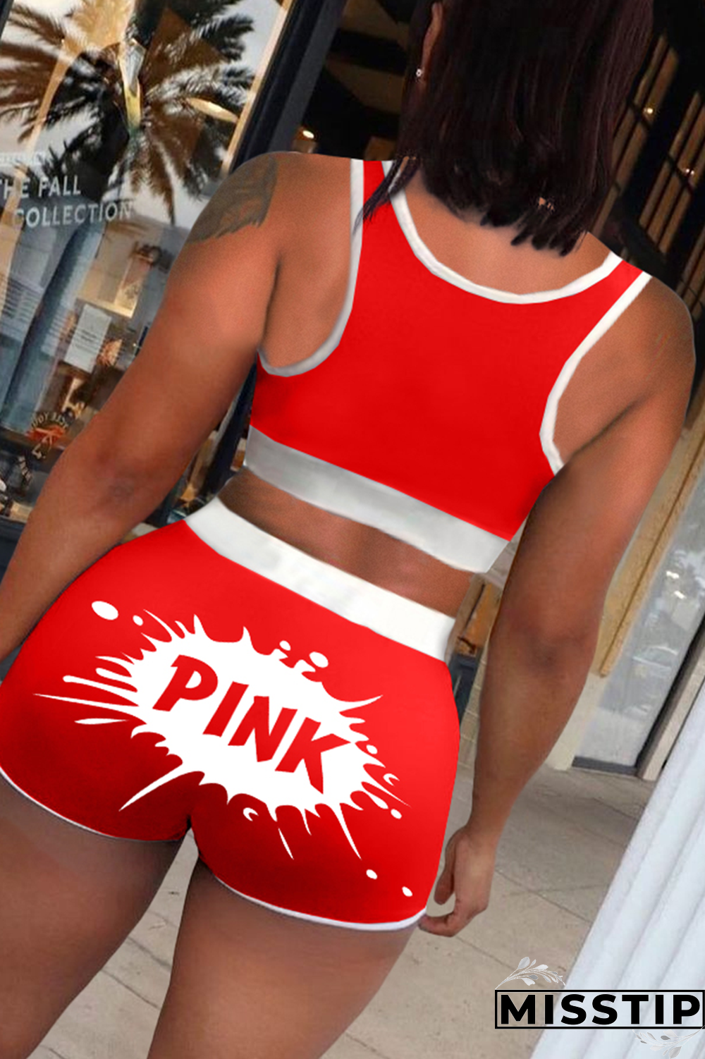 Black Street Print Patchwork U Neck Plus Size Two Pieces