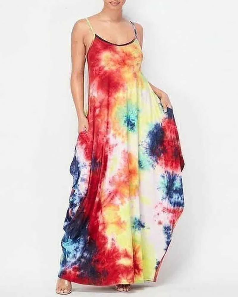 side pocket tie-dye strappy maxi dress colorful