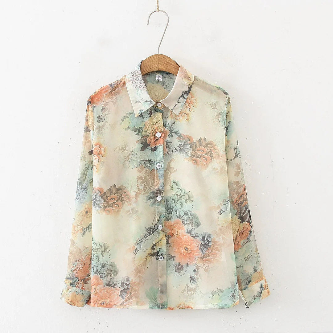 New Women Vintage Floral Print Transparent Chiffon Blouse Full Sleeve Turn Down Collar Sunscreen Shirt Casual Summer Tops T12723