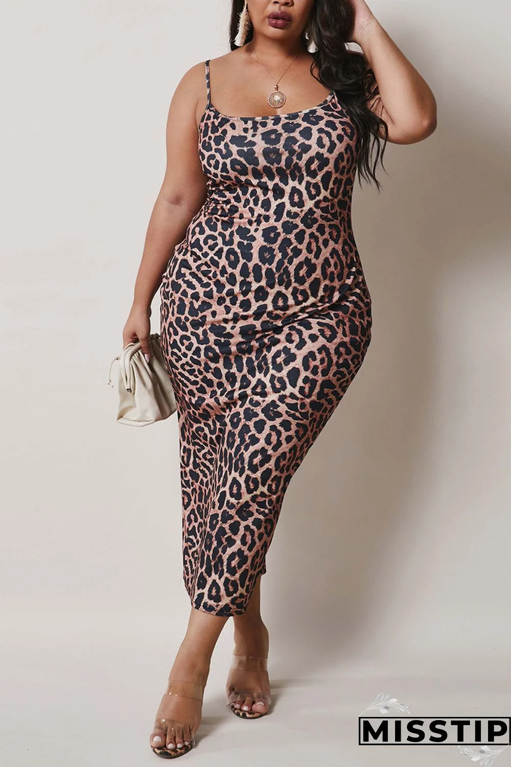 Brown Sexy Fashion Print Plus Size Suspender Dress