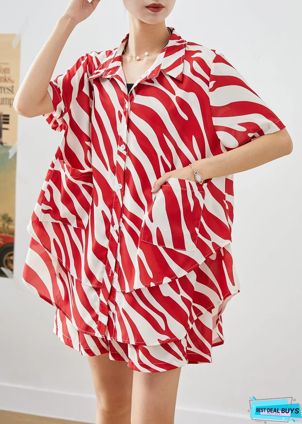 Red Striped Patchwork Spandex Two Piece Suit Set Oversized Summer