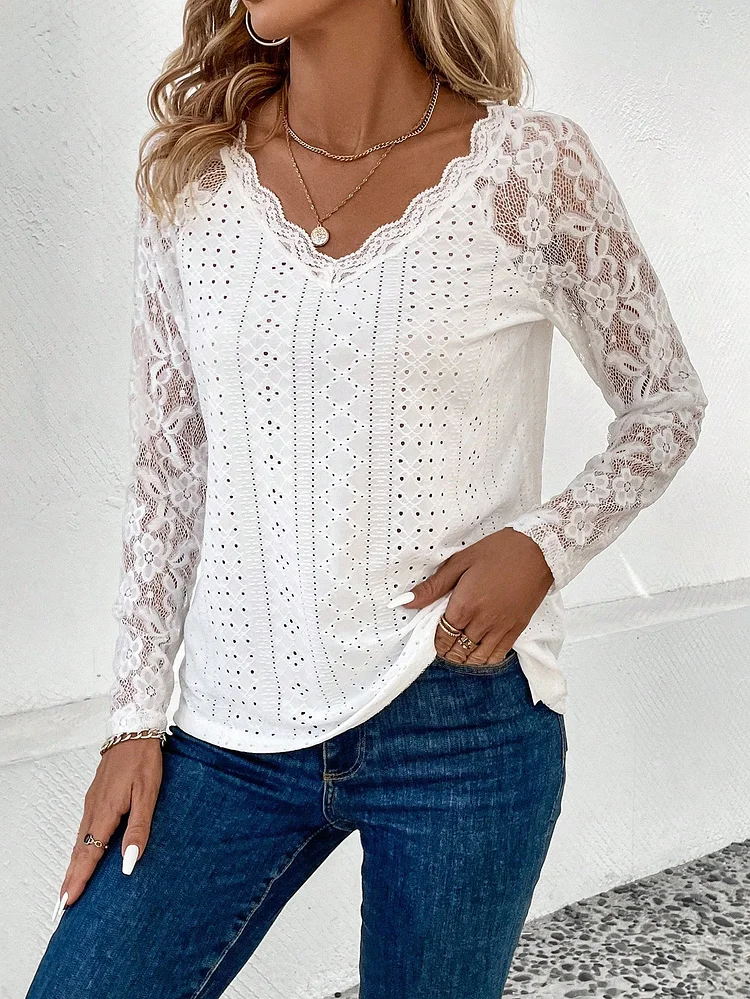 Women's 2024 Lace Shirt V-Neck Lace Long Sleeve Hollow Out White Shirt Tee