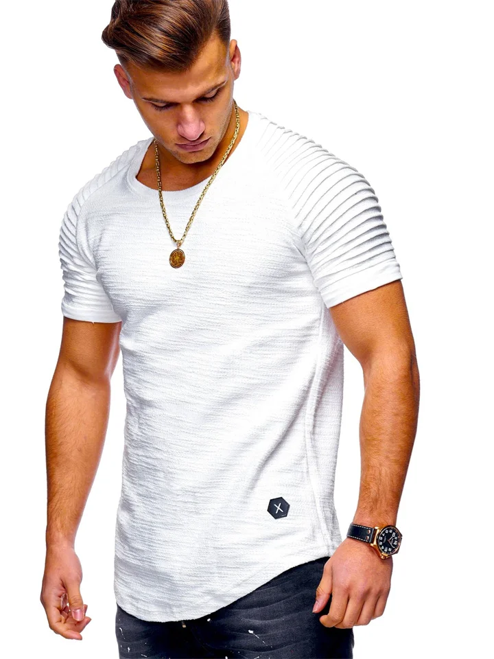Men's Summer Round Neck Slim Solid Color Short-sleeved T-shirt Striped Pleated Inserted Sleeve Casual Men's Short T