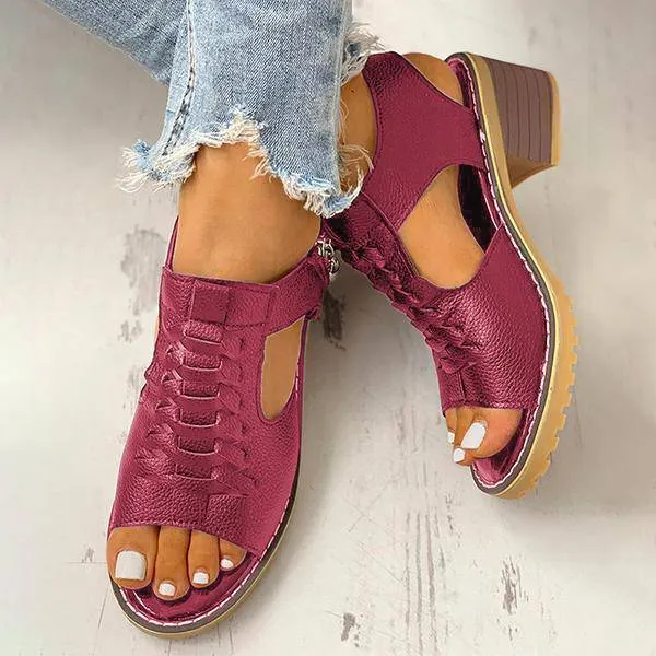 Libiyi Peep Toe Cutout Zipper Chunky Heeled Sandals （get free shipping）