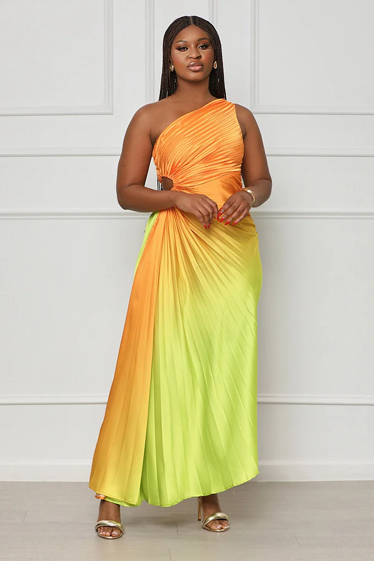 One Shoulder Ruched Ombre Party Gown Overlap Maxi Dresses-Orange [Pre Order]