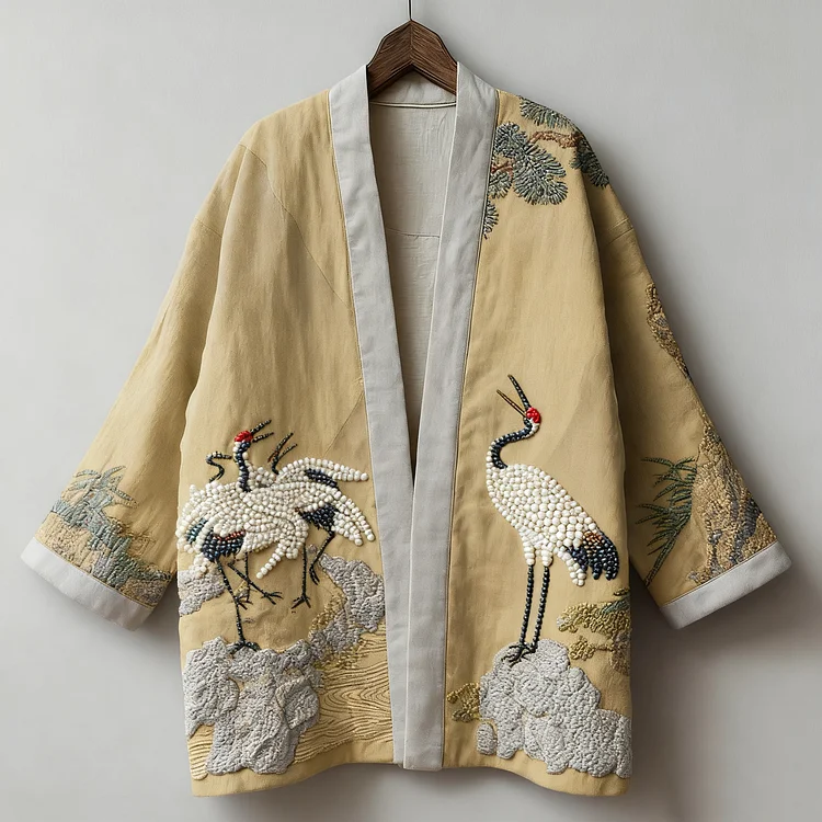 Oriental art landscape painting three-dimensional embroidery linen kimono cardigan