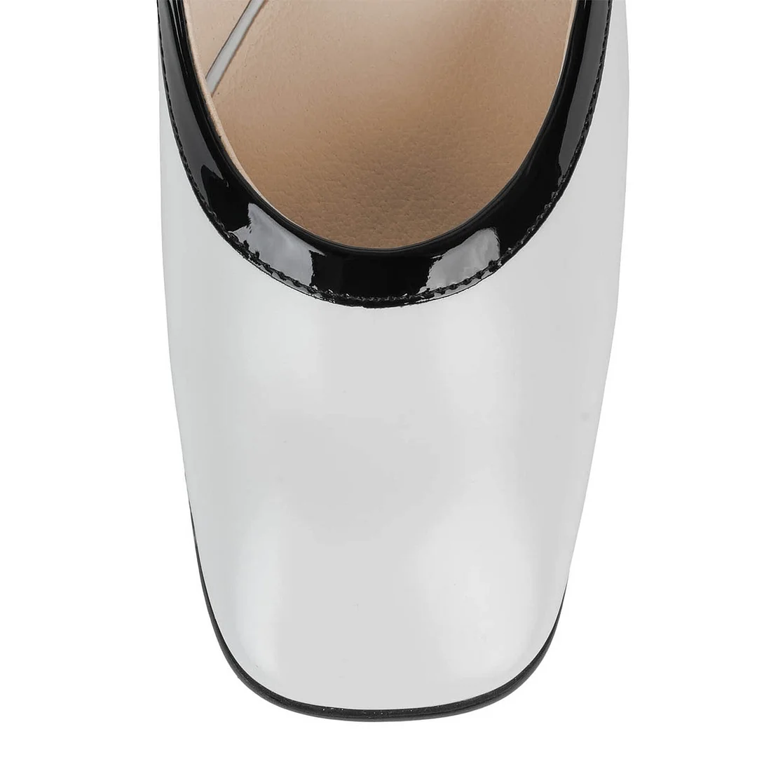 YDN White Elegant Square Toe Chunky Heel Mary Jane Pumps