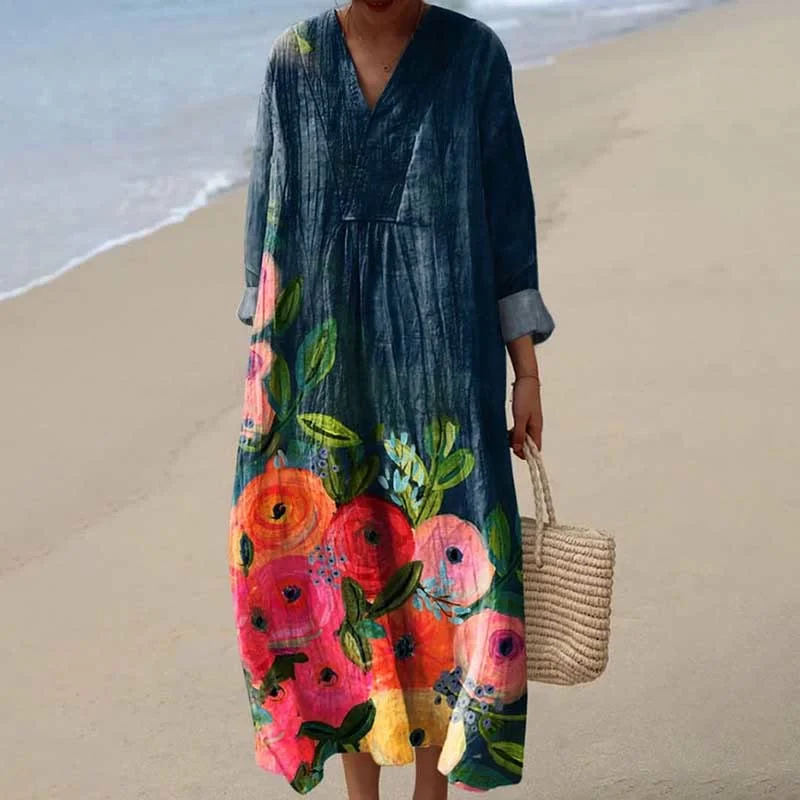 Flower Art Print V-neck Long Sleeved Casual Midi Dress