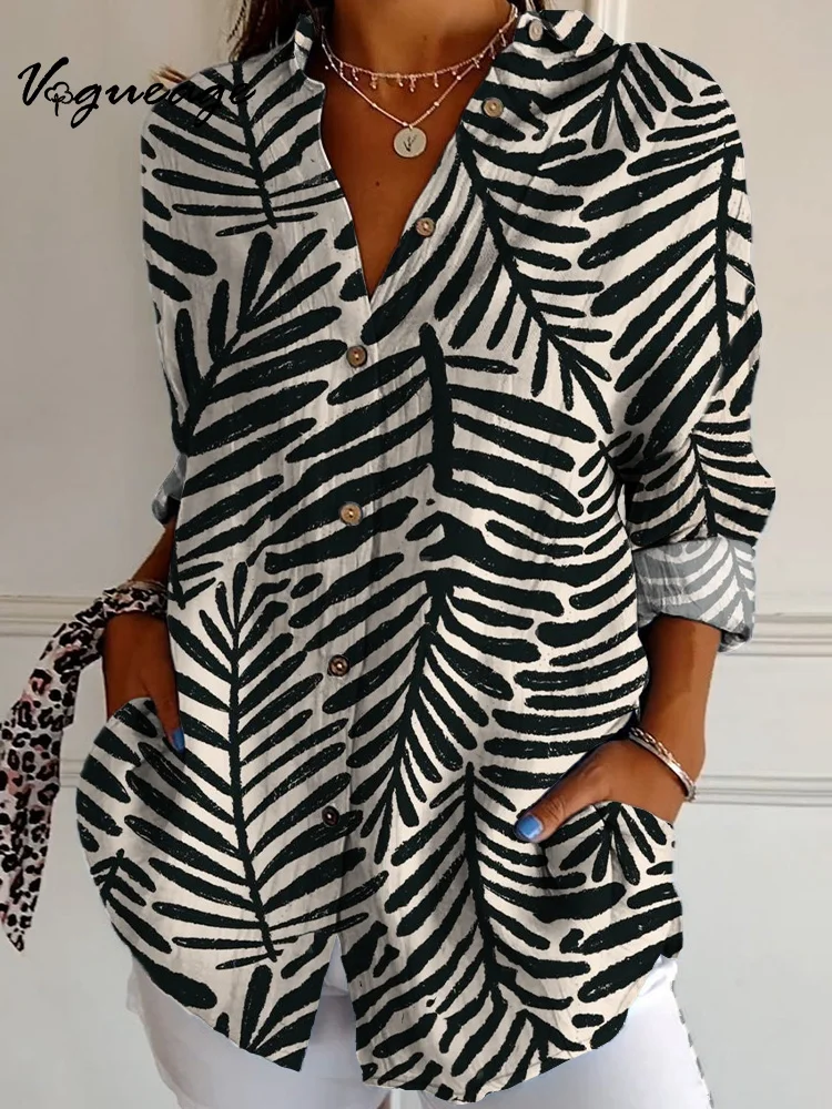 Simple High-End Black And White Plant Pattern Long Sleeves Printed Cotton And Linen Shirt