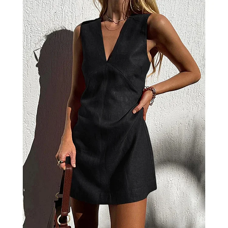 V-neck Cotton And Linen Sleeveless Mini Dress 