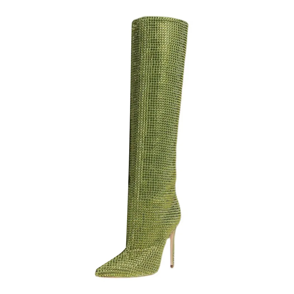 Green Rhinestone Pointed Toe Stiletto Heel Knee-High Boots for Women Nicepairs