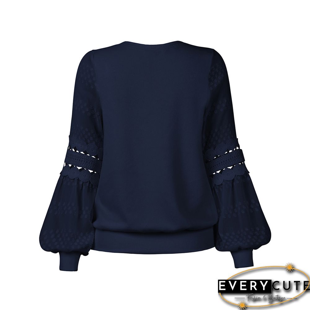 Navy Blue Splicing Hollow-out Lantern Sleeve Tops