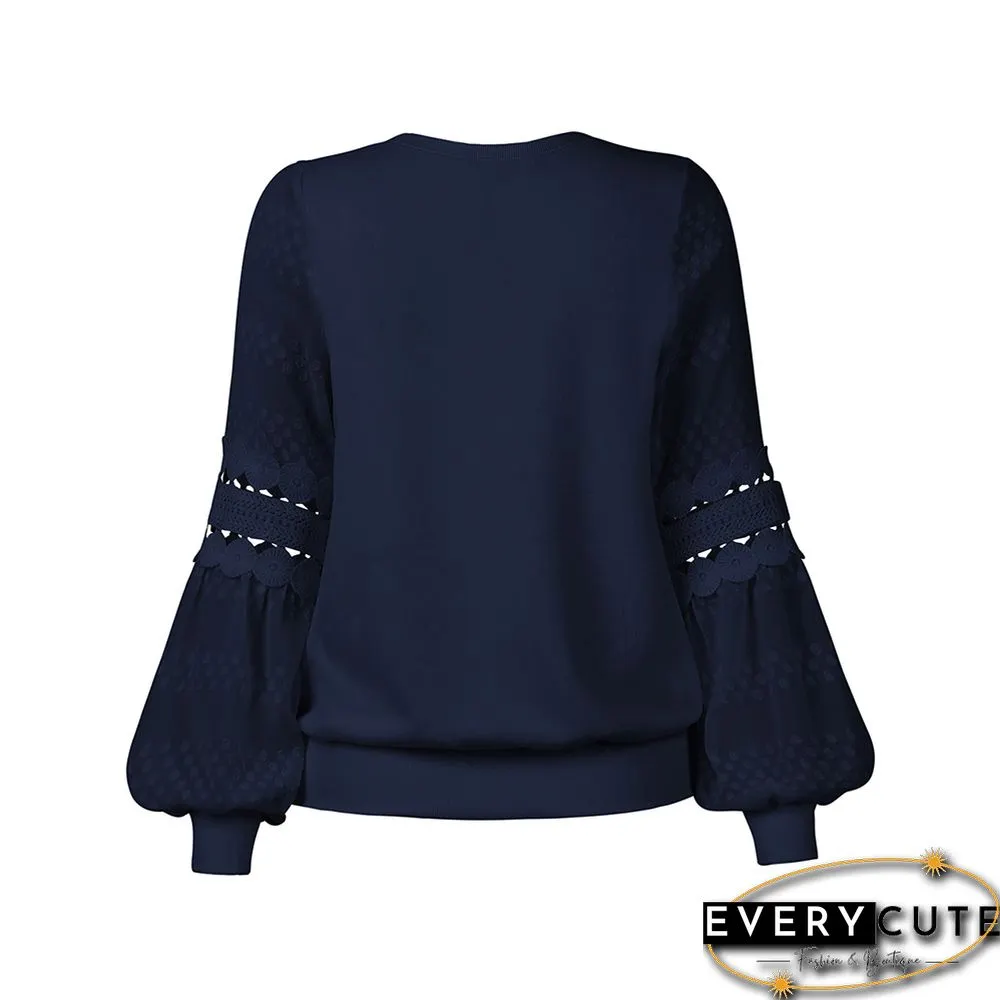 Navy Blue Splicing Hollow-out Lantern Sleeve Tops