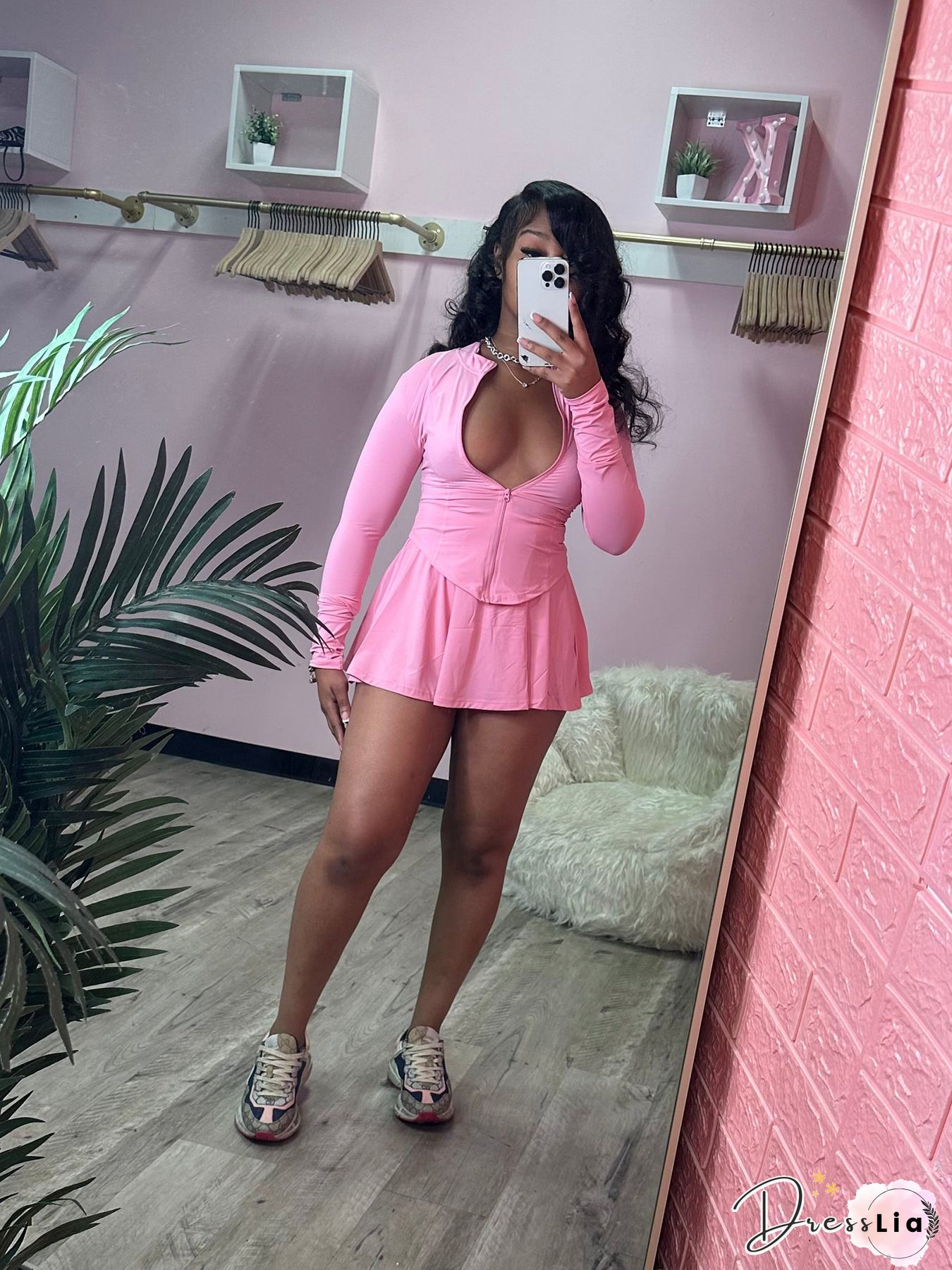 Long Sleeve Crop Top Pleated Skirt Two Piece Set