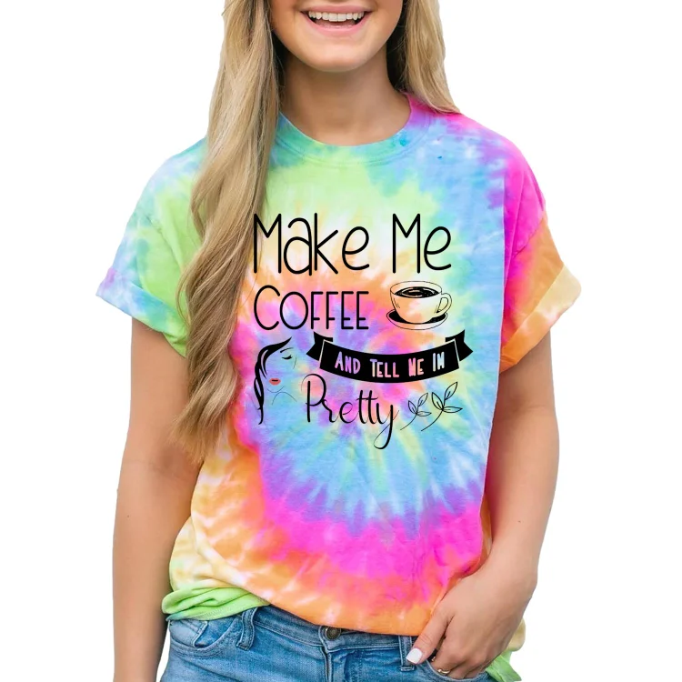 Women Funny Tie Dye Make me coffee and tell me im pretty Mens Short Sleeve Casual T-Shirt - Heather Prints Shirts