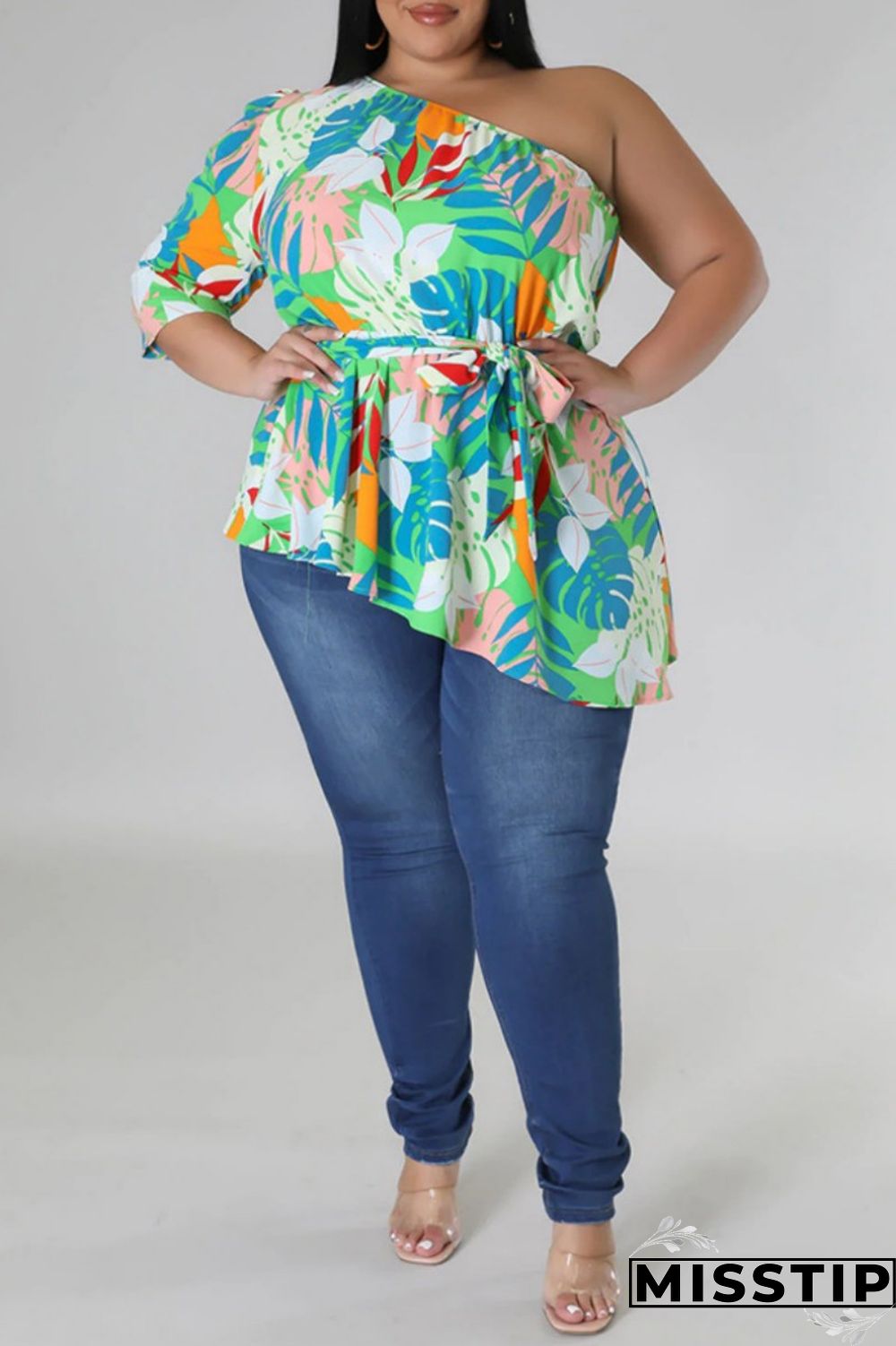 Black Yellow Casual Print Backless Oblique Collar Plus Size Tops