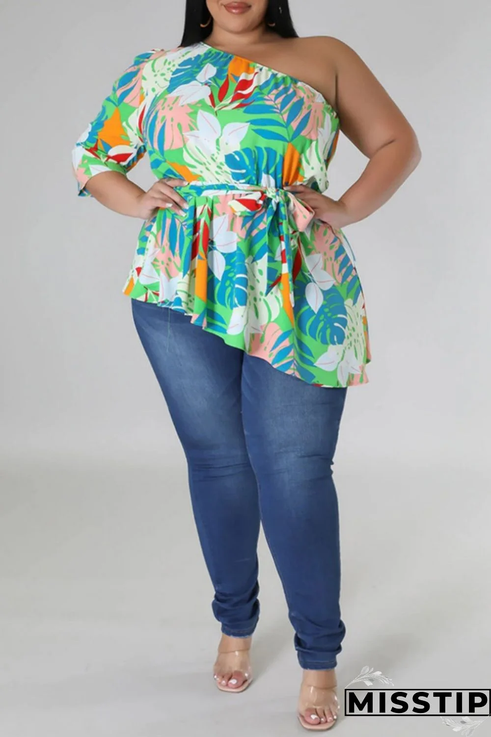 Black Yellow Casual Print Backless Oblique Collar Plus Size Tops