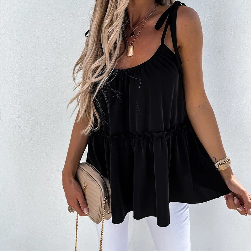 Graduation Gifts  Spaghetti Strap Loose Blouses Summer 2022 Women Solid Color Ruffled Camisoles Tops Lace-up Casual Black White Sleeveless Blouses