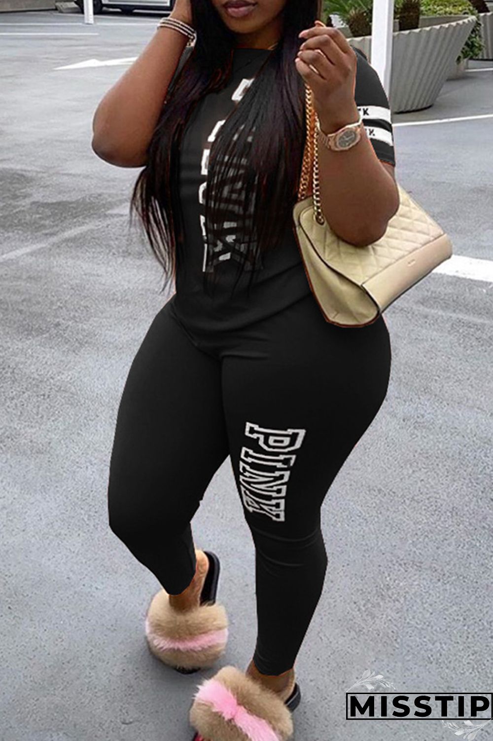 Green Fashion Casual Letter Print Basic O Neck Plus Size Two Pieces