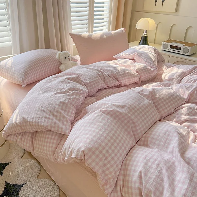 Aonga 2024 New Lattice Duvet Cover Set with Sheet Pillowcases No Filler Warm Bed Linen Single Full Queen Size Grid Home Bedding Set aonga