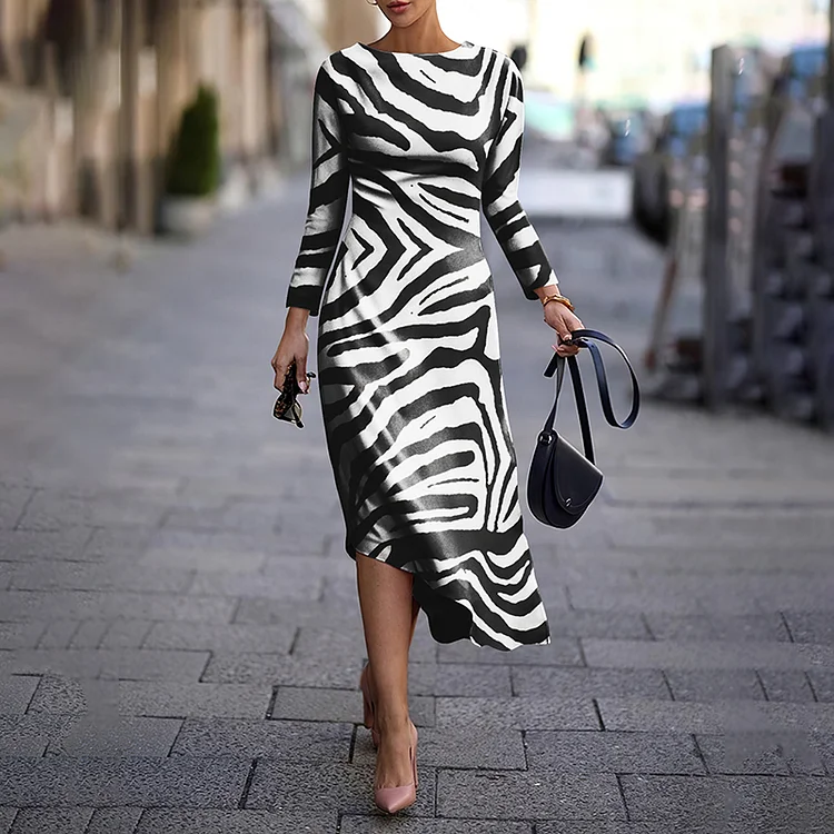 Elegant Zebra Print Irregular Hem Midi Dress