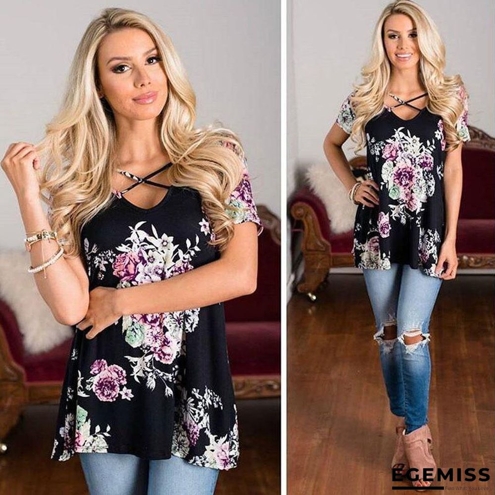 5XL Large Size Women Short Sleeve V-Neck Blouse Printed Shirt Plus Size Tops | EGEMISS
