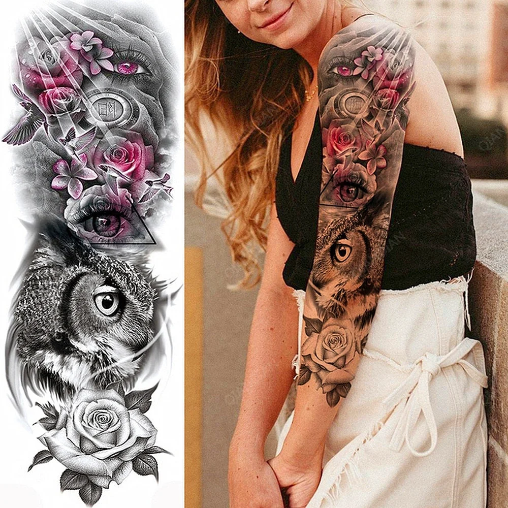 Large Arm Sleeve Tattoo Rose Lion Wolf Waterproof Temporary Tatto Sticker Flower Clock Waist Leg Body Art Full Fake Tatoo Women