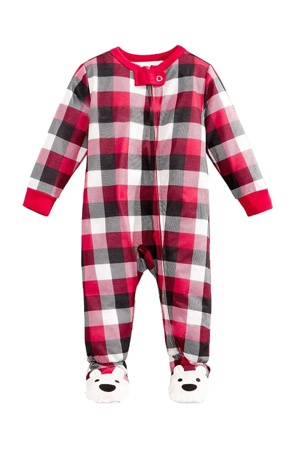 Baby Plaid Bear Printed Family Christmas Footie Pajama Dark Red-elleschic