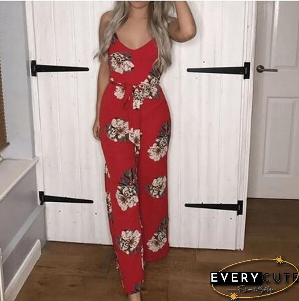 Deep V Neck Casual Jumpsuits Rompers Floral Jumpsuits for Women Sleeveless pantalon femme