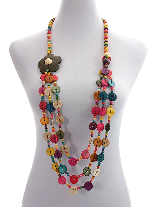Retro Boho Multicolor Multi-Layer Wooden Beads Floral Pendant Necklaces