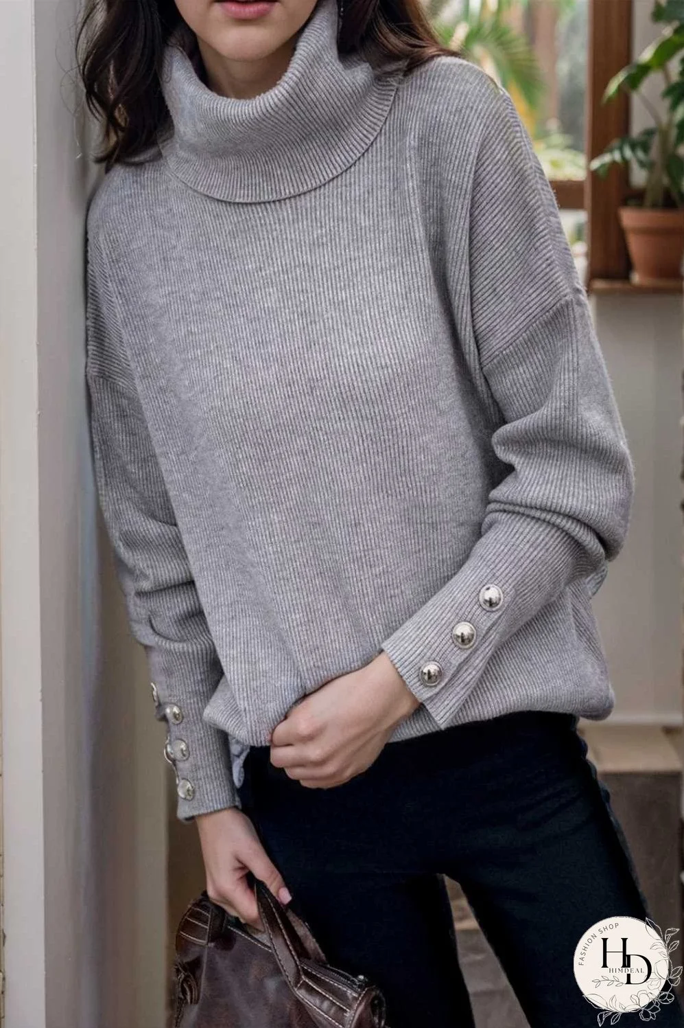 turtleneck solid long sleeve knitted sweater