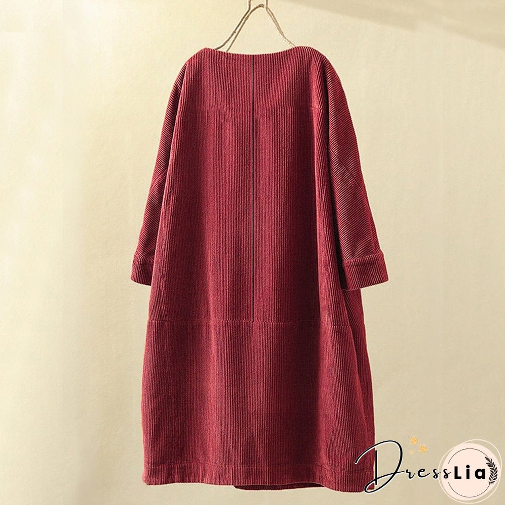 Pleated Long Sleeve Casual Solid Casualdress Linen