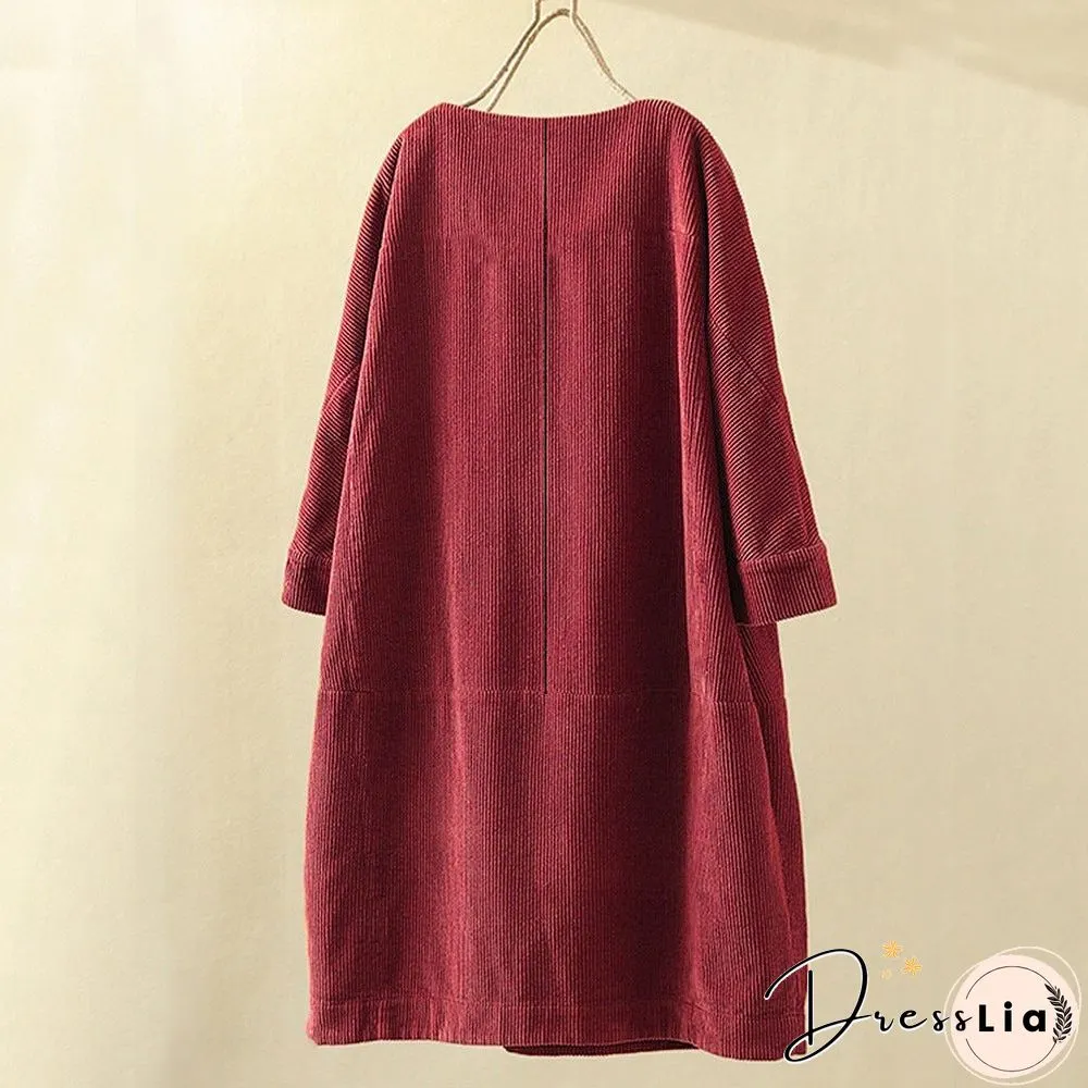 Pleated Long Sleeve Casual Solid Casualdress Linen