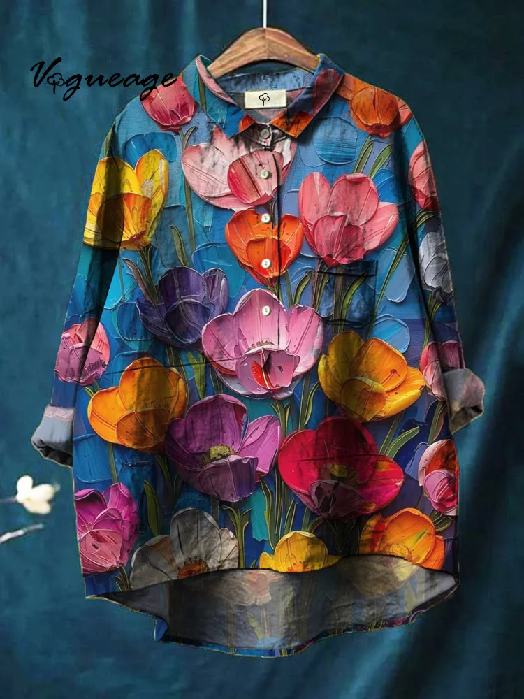 Elegant And Realistic Beautiful Oil Painting Flowers Print Cotton And Linen Shirt