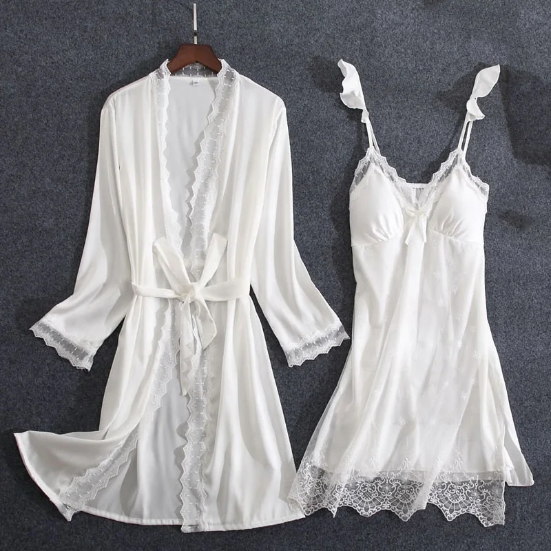 CINOON 2 Pieces Women Pajamas Sets Faux Silk Pajamas Sleepwear Sets Embroidery Lace Bath Gown Wedding Night Dress Robe With Belt