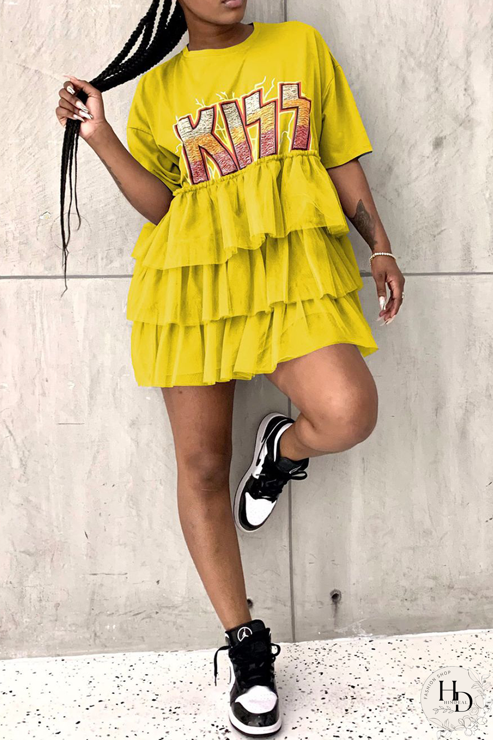 Blue Casual Print Letter O Neck Cake Skirt Dresses