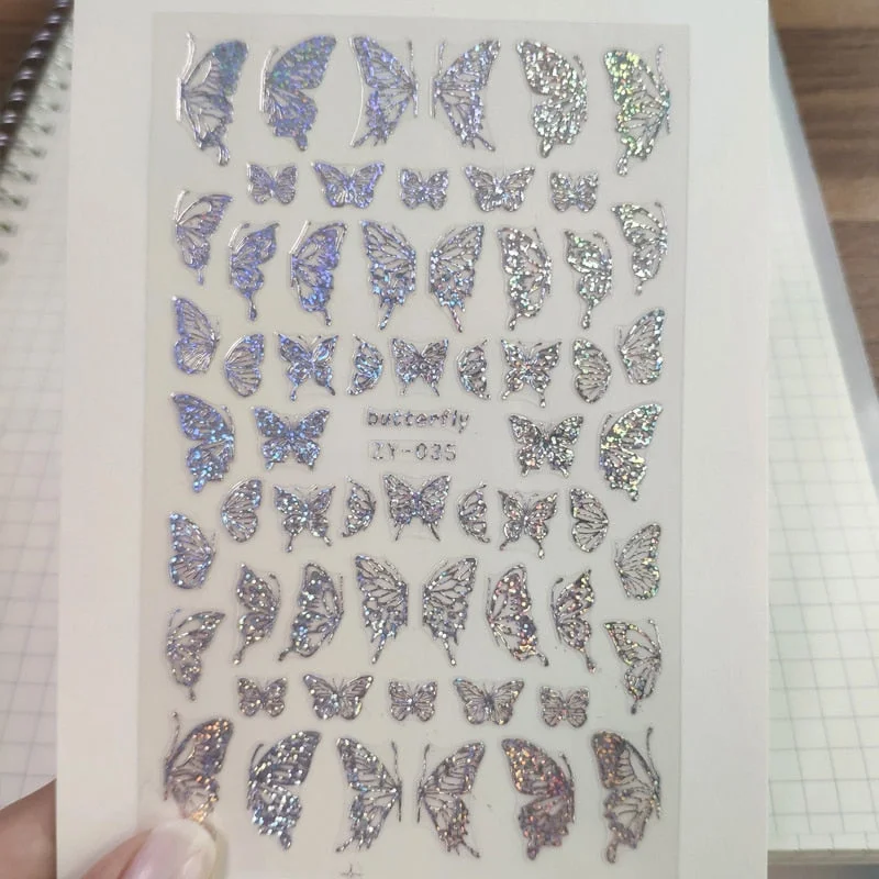 1PC Holographics 3D Butterfly Nail Art Stickers Adhesive Sliders Colorful DIY Golden Nail Transfer Decals Foils Wraps Decoration-Nail Inspo