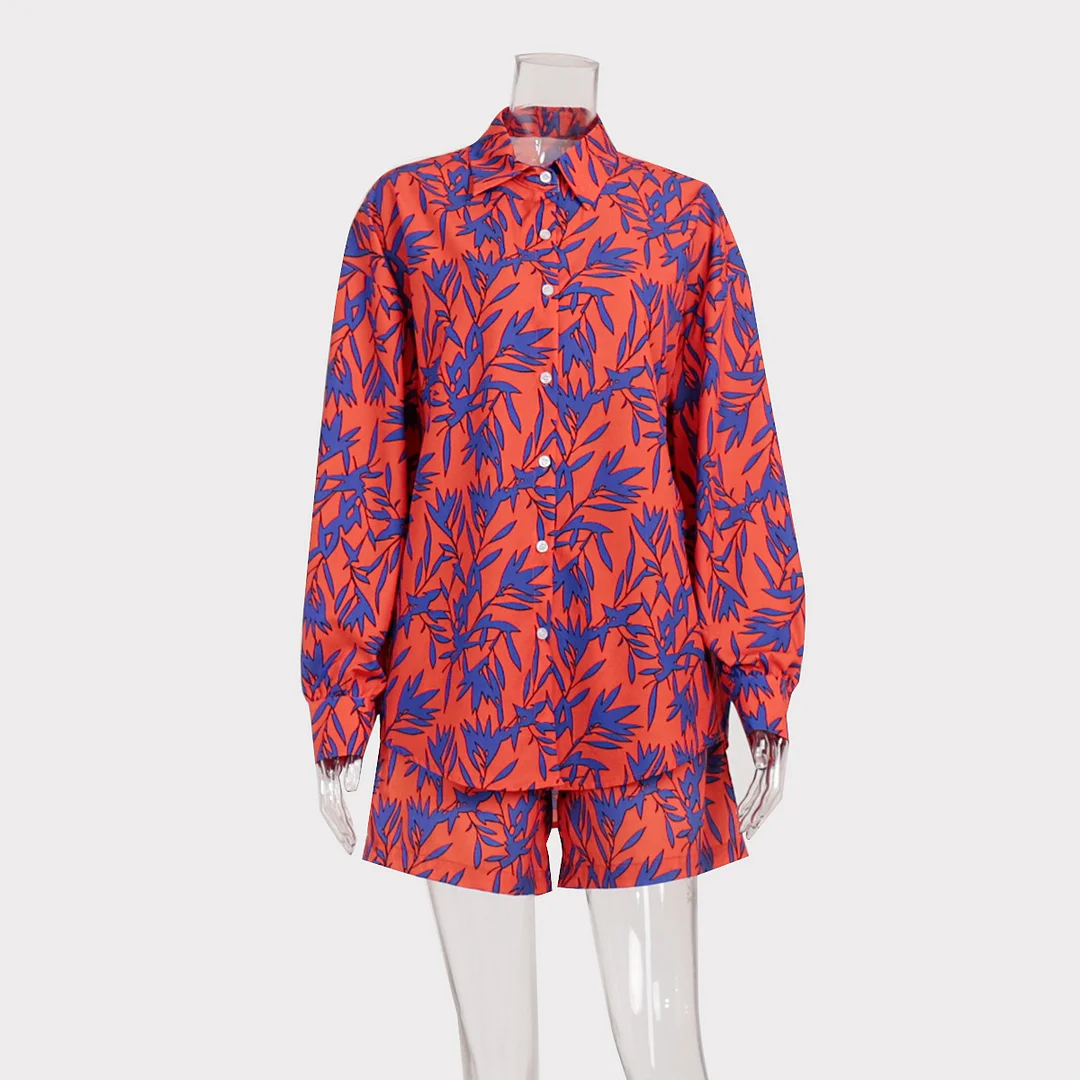 Ueong Shirt Set 2024 Summer Fashion Casual Orange Bamboo Leaf Printed Shirt And Shorts Set