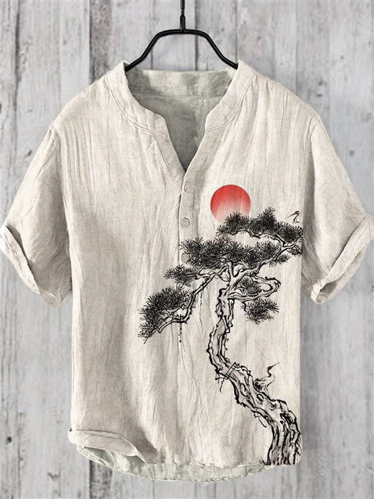 Ink and Pine Japanese Art Print Linen Shirt